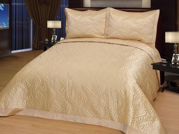 Saten Yatak Örtüsü Seti Çift Kişilik Elmas Krem Altın 