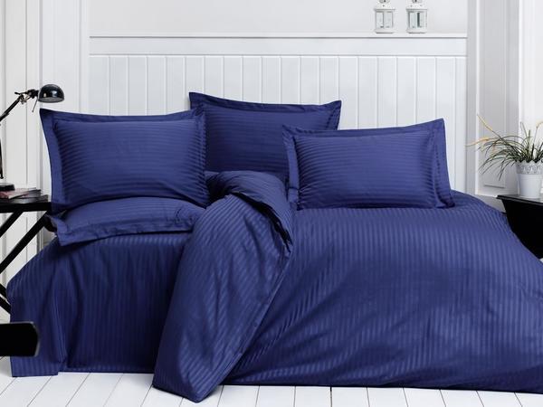 Mitgift Land Streifen Doppel Baumwolle Satin Bettbezug Set Indigo