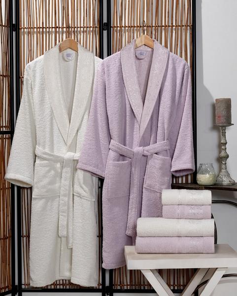 Soley Verda Jakarlı Aile Bornoz Seti Krem-Lila