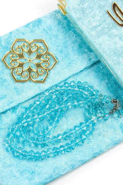 Livre Yasin recouvert de velours - Taille du sac - Nom de l'assiette spéciale - Chapelet - Marsupial - Boîte - Couleur bleue -