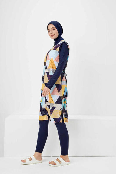 Haşema Nehar Renkli Geometrik Desenli Lacivert Tesettür Tam Kapalı Mayo Efide N-06-20