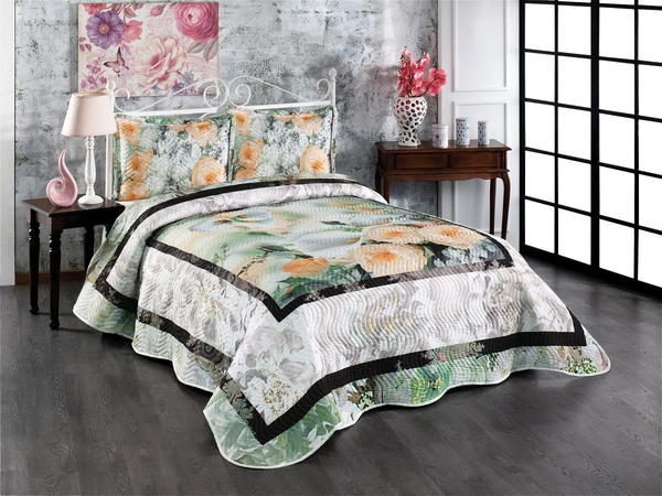 Belenay Baskılı Çift Kişilik Kapitone Yatak Örtüsü -Gardenya Yeşil