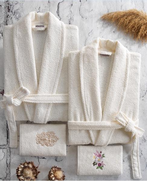 Soley Julie 4 Parça Nakışlı Aile Bornoz Seti Açık Ekru - Ekru