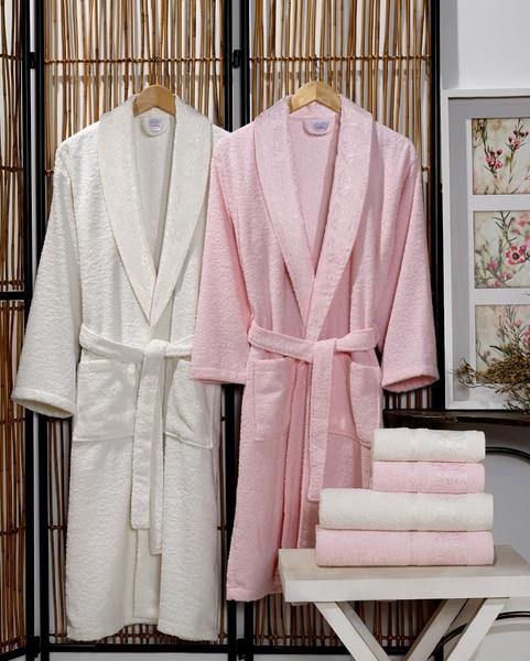 Soley Verda Jakarlı Aile Bornoz Seti Krem-Pembe