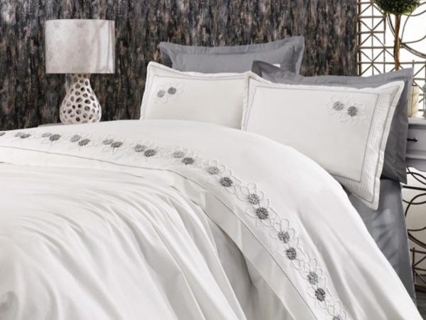 Bianca Embroidered Duvet Cover Set Cream-Grey
