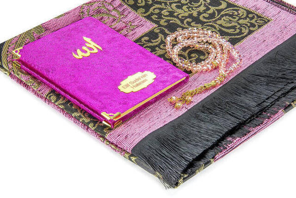 Hajj Umrah Mevlid Set 22 - Name Printed Velvet Covered Yasin - Prayer Rug - Rosary - Boxed