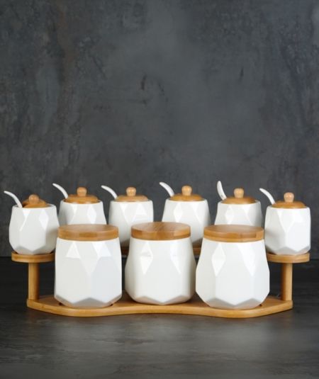Acar Mutfak | Bambu Standlı 9'Lu Beyaz Kaşıklı Baharat Set