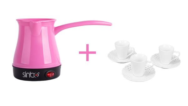 Sinbo Pembe Elektrikli Türk Kahve Makinesi & Schafer Mocca 6'lıTürk Kahve Fincan Seti
