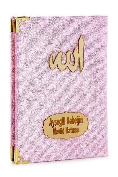 Livre Yasin recouvert de velours - Format de poche - Assiette spéciale nom - Chapelet - Boîte - Rose - Cadeau Mevlüt