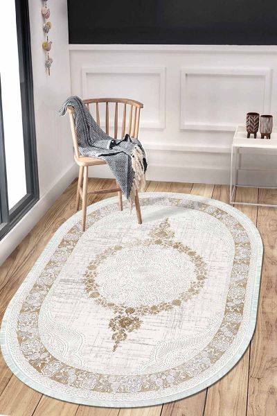 Birkilim Oval Yıkanabilir İpeksi Kaymaz Taban Dekoratif Halı | MLN-IP-O-HT-503