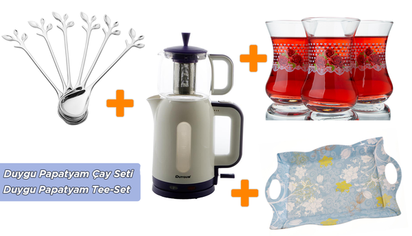 Duygu 2.7 lt Papatya Çay Makinesi & Dekonaz Flavour Servis Tepsi & Lav Gülce Çay Bardağı Seti & Deko