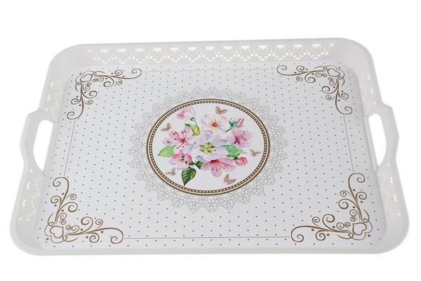 Dekonaz Altın Desenli Servis Tepsisi Çiçekli Kelebek Beyaz 52x38 cm