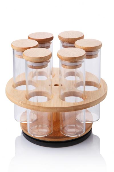 Queen's Kitchen | Bambu Döner Standlı Lüx Cam Tüp Baharatlık Takımı