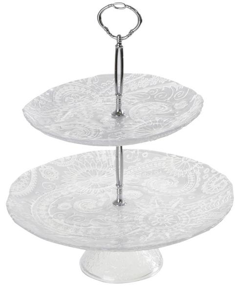 More Lüks 2 Katlı Etajer El Boyaması Cam Beyaz 36cm