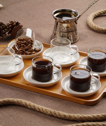 Bambu Tepsi Porselen Tabakli 6 Li Cam Çay Bardaği