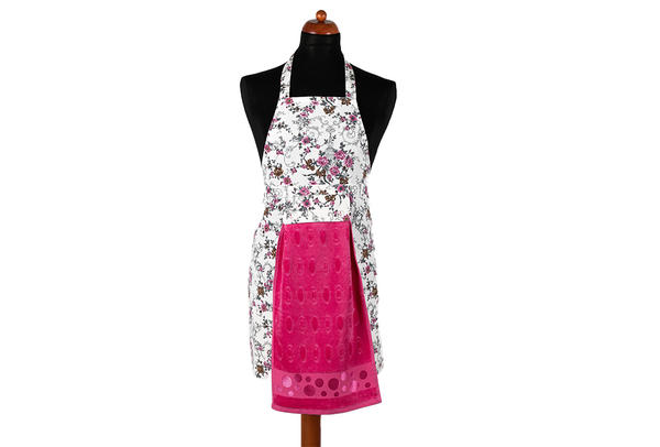 Dekonaz Çiçek Desenli Mutfak Önlüğü | Fuşya Havlu ve El Bezi Hediyeli | 73cm x 59cm
