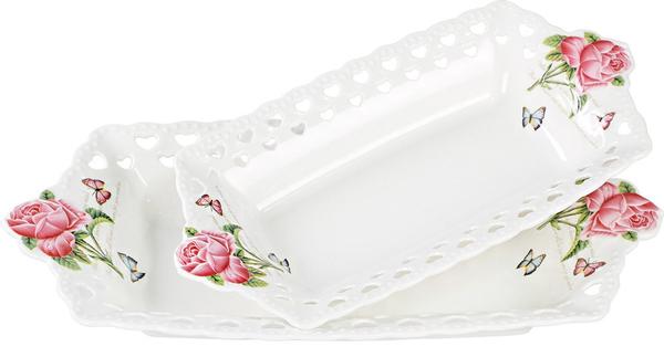 Almina 2'li Dekoratif Servis Kasesi Tabağı Porselen | Kalp ve Gül Motifli | Dikdörtgen