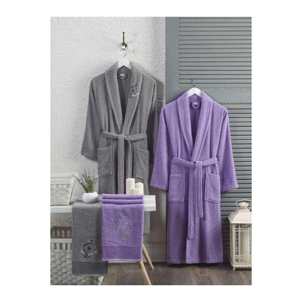 Forev 100% Cotton Family Bathrobe Set Gray-Lavender SM