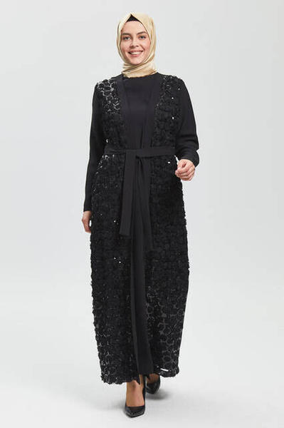 Derin Siyah Çiçekli Ferace 8018-20