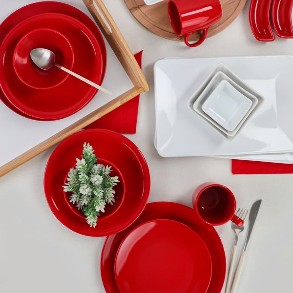 Aegean Red - Blanc Ensemble Dîner/Petit Déjeuner 42 Pièces pour 6 Personnes | céramique