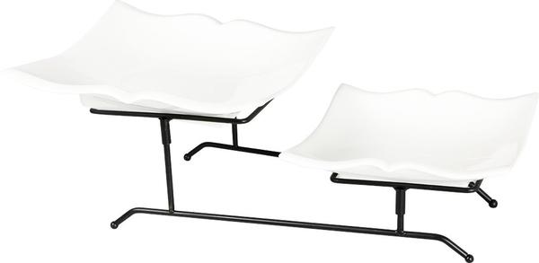 Duygu Metal Standlı 2'li Dikdörtgen Tasarımlı Porselen Çerez-Kahvaltı Seti - Beyaz