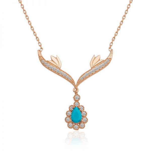 Gümüş Turkuaz Taşlı Madalyon Bayan Kolye