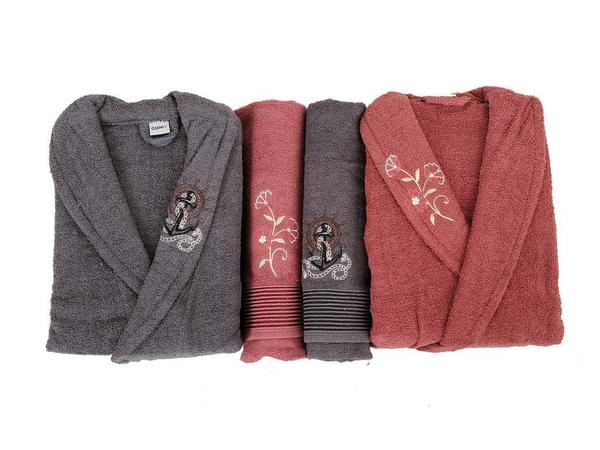 طقم روب حمام مطرز من القطن بنسبة 100٪ مكون من 4 قطع وردة مجففة مدخنة