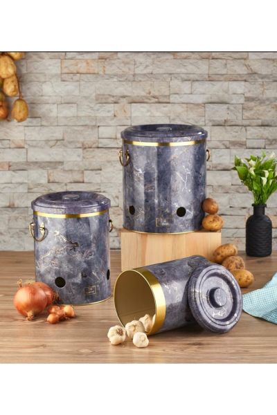 Vip Ahmet | Metal Mermer Desen 3’lü Patates Soğan Sarımsak Kovası Seti