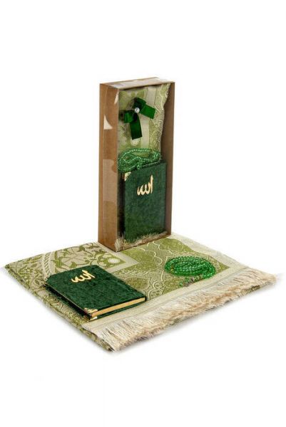 Kraft Kutulu Seccade Seti - Kadife Kaplı Yasin - Seccade - Tesbih - Yeşil Renk
